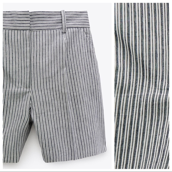 NWT. Zara Rustic Striped Pleated High Waist Shorts. Size S. - Picture 6 of 11